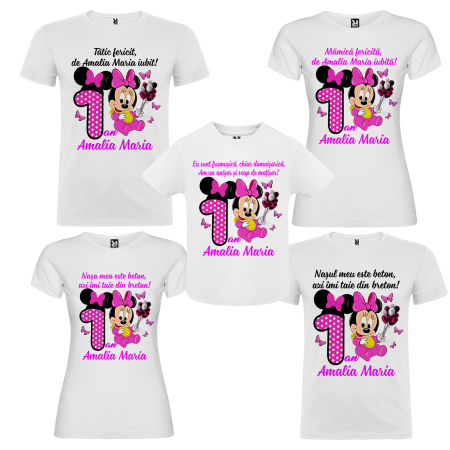 Set de 5 tricouri personalizate pentru nasi, parinti si copil Baby Minnie Roz [1]