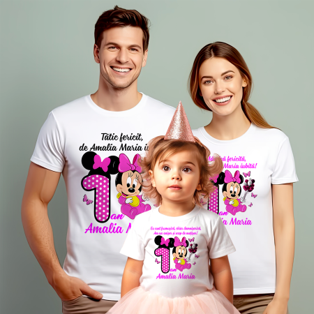 Tricouri Personalizate Taierea Motului - Set de 5 tricouri personalizate pentru nasi, parinti si copil Baby Minnie Roz