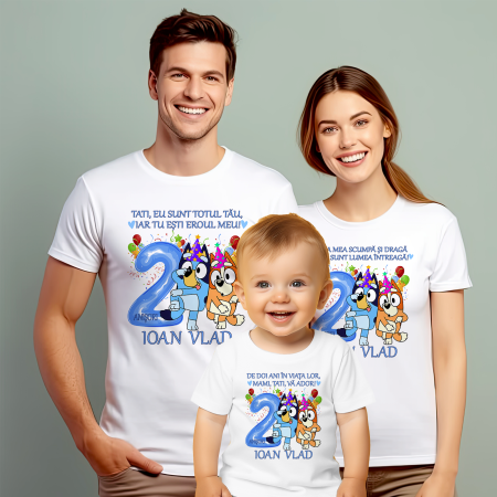 Tricouri Personalizate Taierea Motului - Set de 5 tricouri personalizate pentru nasi, parinti si copil Bluey si Bingo