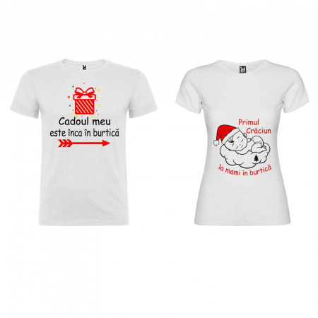 Set 2 tricouri personalizate cu modelul "Primul Craciun la mami in burtica"