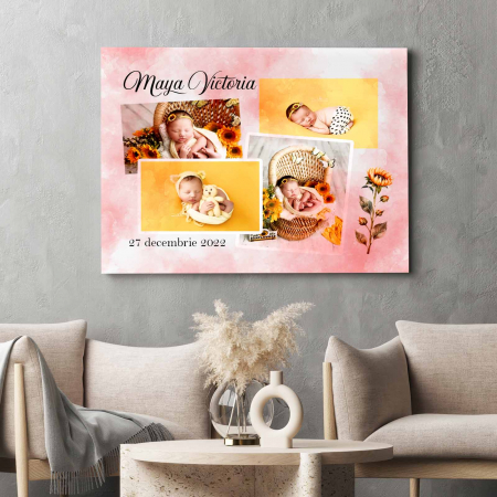Tablouri Canvas - Tablou canvas personalizat colaj de 4 poze, nume si data Model Hi Baby