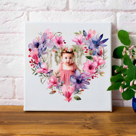 Tablouri Canvas - Tablou canvas personalizat model watercolor inima cu flori si poza