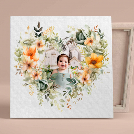 Tablouri Canvas - Tablou canvas personalizat model watercolor inima cu flori si poza