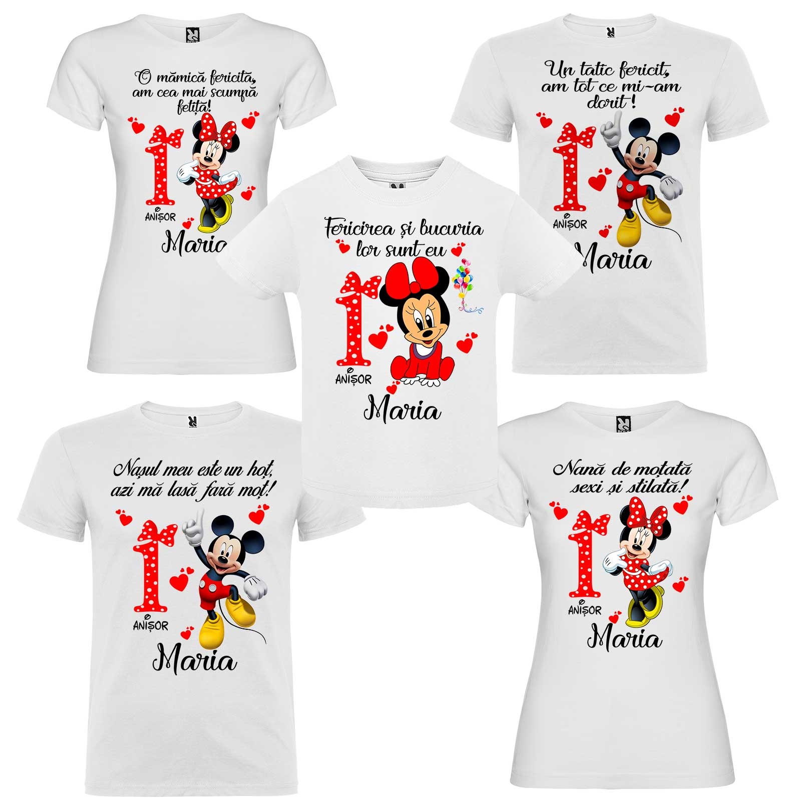 Hamburger expand Note Set de 5 tricouri personalizate pentru nasi parinti si copil fericirea si  bucuria lor sunt eu "Minnie"