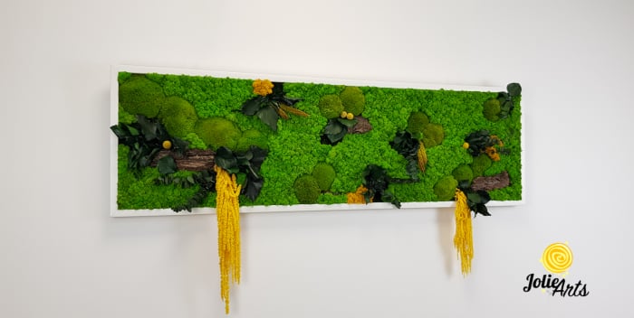 Tablou licheni, muschi si plante naturale stabilizate, Model Amaranthus galben, 40 x 100 cm, rama neagra, Jolie Arts, www.tablouriculicheni.ro-3 [5]