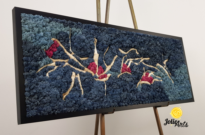 Tablou Mediteranean – Licheni albastru, roz și inserții lemn natural, 40 x 100 cm, ramă neagră [7]