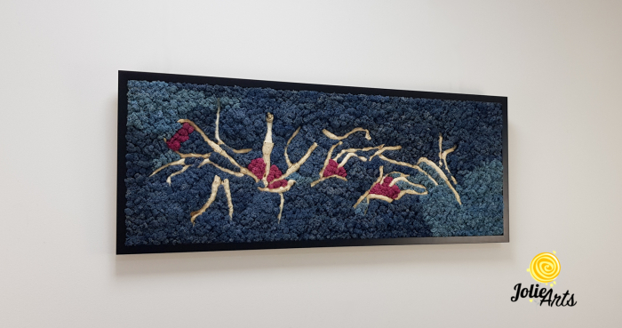 Tablou Mediteranean – Licheni albastru, roz și inserții lemn natural, 40 x 100 cm, ramă neagră [4]
