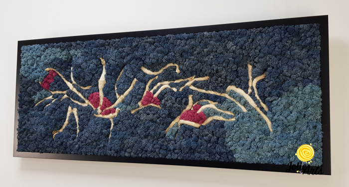 Tablou Mediteranean – Licheni albastru, roz și inserții lemn natural, 40 x 100 cm, ramă neagră [5]