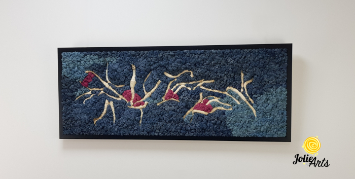 Tablou Mediteranean – Licheni albastru, roz și inserții lemn natural, 40 x 100 cm, ramă neagră [2]