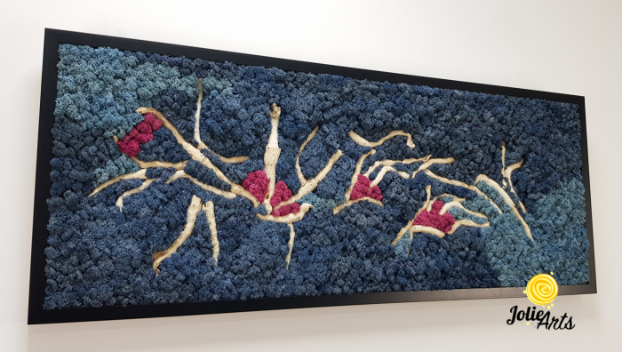 Tablou Mediteranean – Licheni albastru, roz și inserții lemn natural, 40 x 100 cm, ramă neagră [6]