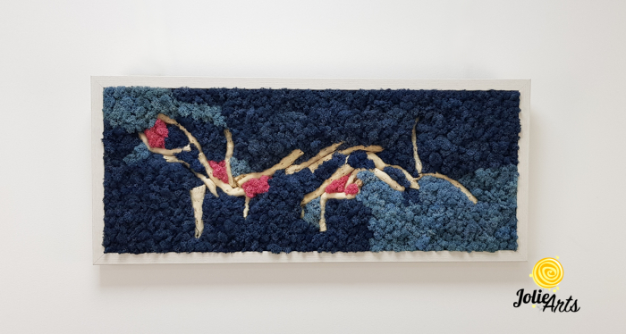Tablou Mediteranean – Licheni albastru, roz și inserții lemn natural, 40 x 100 cm, ramă neagră [4]