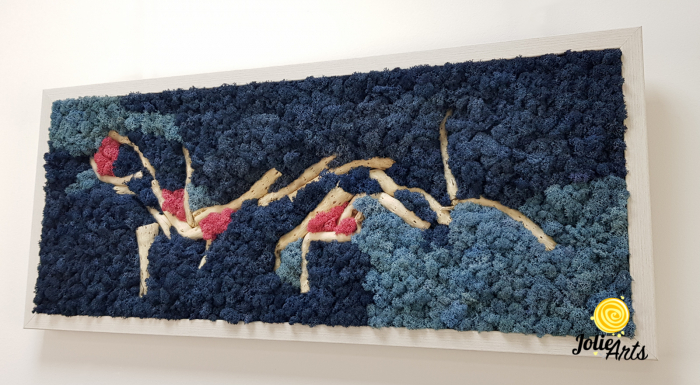 Tablou Mediteranean – Licheni albastru, roz și inserții lemn natural, 40 x 100 cm, ramă neagră [6]