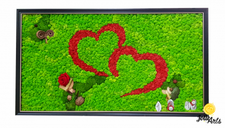 Proiecte personalizate - Tablou licheni, muschi, elemtente naturale stabilizate, trandafiri criogenati, dimensiune 60 x 100 cm