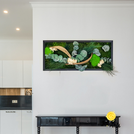 Tablou Aris – Mușchi bombat și plat, eucalipt, flori albe și frunze palmier, ramă neagră 30 x 70 cm