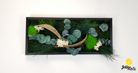 Tablou Aris – Mușchi bombat și plat, eucalipt, flori albe și frunze palmier, ramă neagră 30 x 70 cm [4]