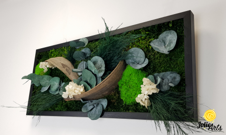 Tablou Aris – Mușchi bombat și plat, eucalipt, flori albe și frunze palmier, ramă neagră 30 x 70 cm [6]