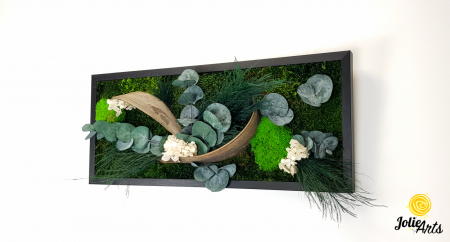 Tablou Aris – Mușchi bombat și plat, eucalipt, flori albe și frunze palmier, ramă neagră 30 x 70 cm [2]