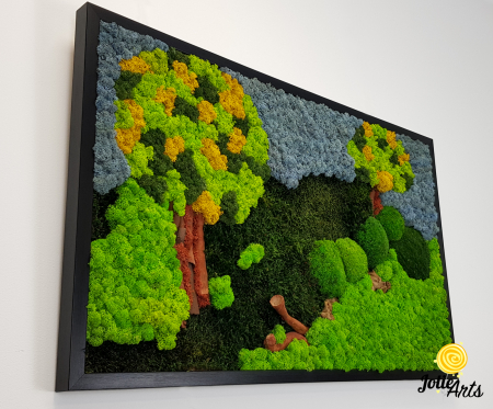 Tablou Peisaj Natural – Licheni colorați, copaci stilizați și cer albastru, 40 x 60 cm, ramă neagră [3]