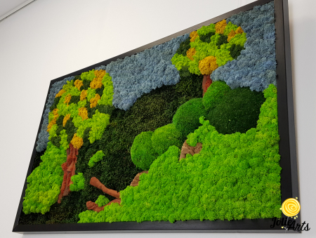 Tablou Peisaj Natural – Licheni colorați, copaci stilizați și cer albastru, 40 x 60 cm, ramă neagră [4]