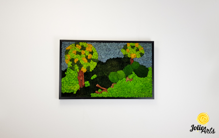 Tablou Peisaj Natural – Licheni colorați, copaci stilizați și cer albastru, 40 x 60 cm, ramă neagră