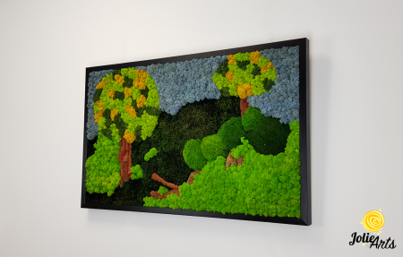 Tablou Peisaj Natural – Licheni colorați, copaci stilizați și cer albastru, 40 x 60 cm, ramă neagră [1]