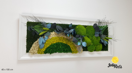 Tablou Soare cu Alb personalizat – licheni, mușchi, plante stabilizate, ramă alb lucios Jolie Arts [1]