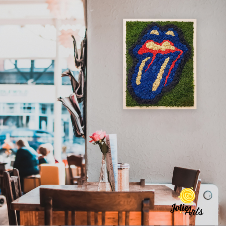 Tablouri licheni - Rolling Stones Logo, cu albastru, decorat cu licheni si muschi naturali stabilizati