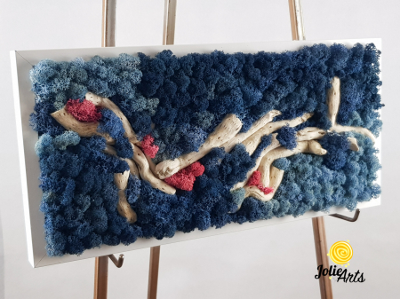 Tablou Mediteranean – Licheni albastru, roz și inserții lemn natural, 40 x 100 cm, ramă neagră [1]