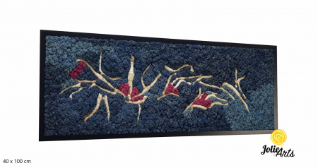 Tablouri - Tablou Mediteranean – Licheni albastru, roz și inserții lemn natural, 40 x 100 cm, ramă neagră