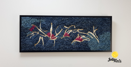 Tablou Mediteranean – Licheni albastru, roz și inserții lemn natural, 40 x 100 cm, ramă neagră [2]