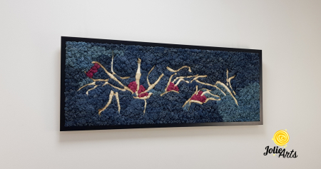 Tablou Mediteranean – Licheni albastru, roz și inserții lemn natural, 40 x 100 cm, ramă neagră [3]