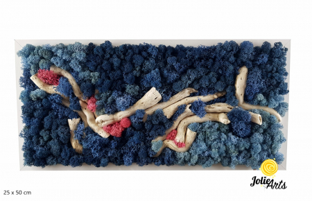 Tablouri - Tablou Mediteranean – Licheni albastru, roz și inserții lemn natural, 40 x 100 cm, ramă neagră