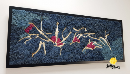 Tablou Mediteranean – Licheni albastru, roz și inserții lemn natural, 40 x 100 cm, ramă neagră [5]