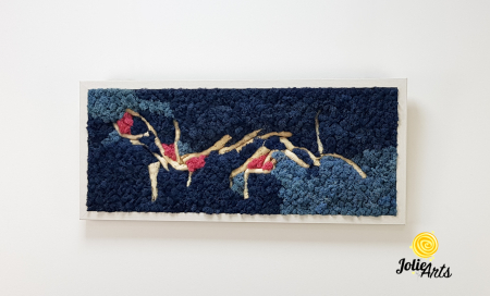 Tablou Mediteranean – Licheni albastru, roz și inserții lemn natural, 40 x 100 cm, ramă neagră [2]