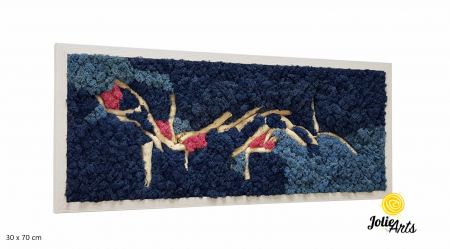 Tablou Mediteranean – Licheni albastru, roz și inserții lemn natural, 40 x 100 cm, ramă neagră [1]