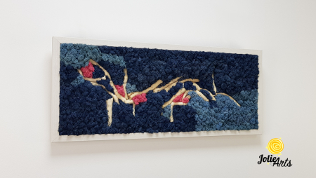 Tablou Mediteranean – Licheni albastru, roz și inserții lemn natural, 40 x 100 cm, ramă neagră [4]