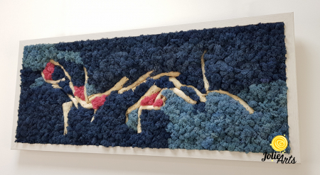 Tablou Mediteranean – Licheni albastru, roz și inserții lemn natural, 40 x 100 cm, ramă neagră [5]