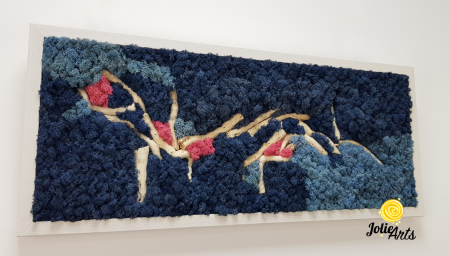 Tablou Mediteranean – Licheni albastru, roz și inserții lemn natural, 40 x 100 cm, ramă neagră [6]