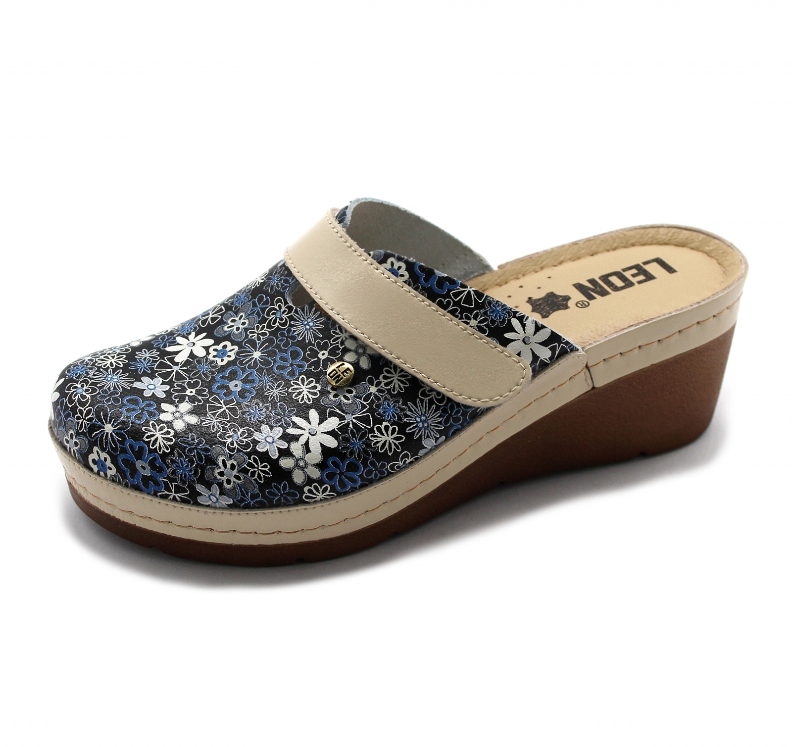 Saboti din piele naturala Leon 1003 Beige cu flori [1]
