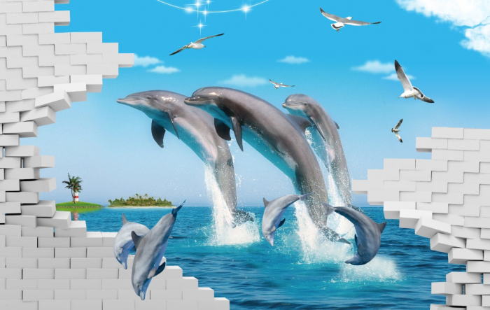 Tapet Premium Canvas - 3d delfini in apa [2]