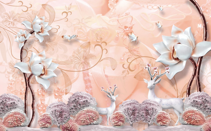 Tapet Premium Canvas - Abstract caprioare si flori albe [2]