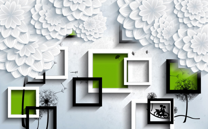 Tapet Premium Canvas - Abstract flori albe cu chenare [2]