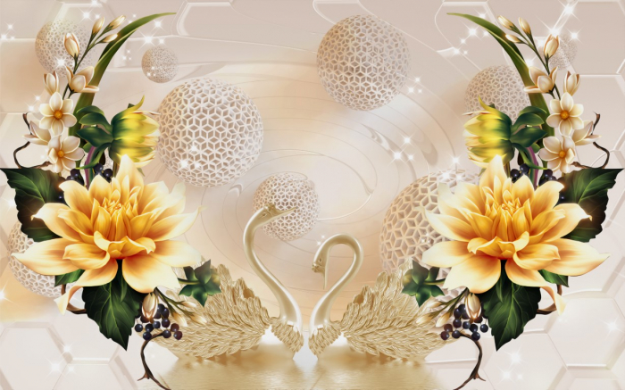Tapet Premium Canvas - Abstract flori aurii si lebede din portelan [2]
