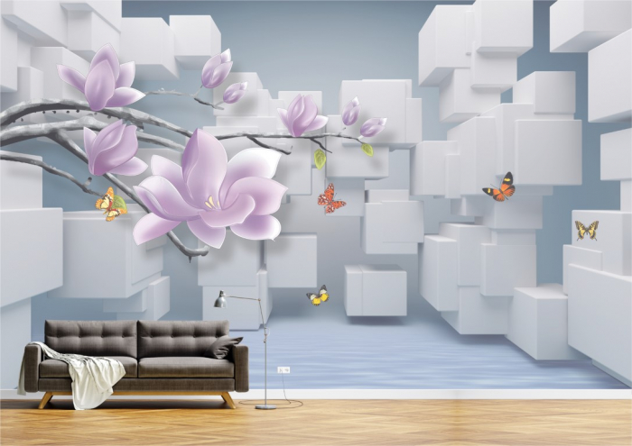 Tapet Premium Canvas - Abstract flori mov si fluturi [2]
