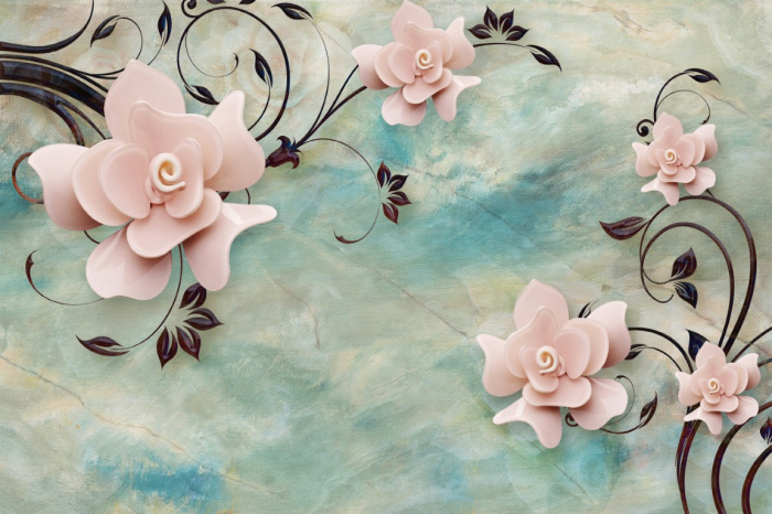 Tapet Premium Canvas - Abstract flori roz cu ramuri [2]
