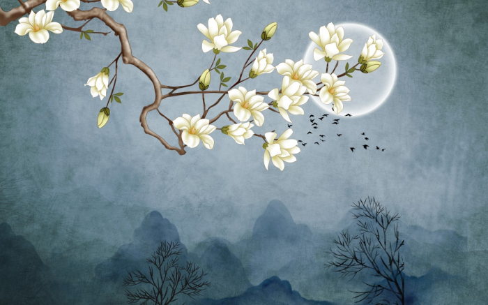 Tapet Premium Canvas - Abstract luna si pasarile [2]