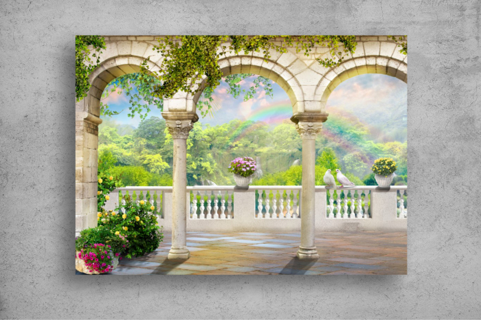 Tapet Premium Canvas - Balconul coloanele si padurea inverzita 3d abstract [2]