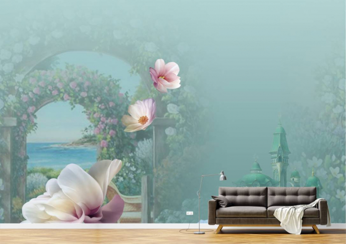 Tapet Premium Canvas - Castelul si florile roz [2]