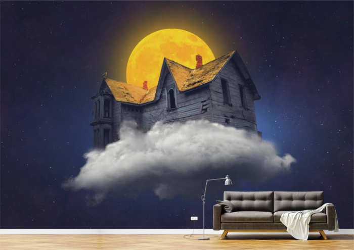 Tapet Premium Canvas - Casuta de lemn pe nori si luna plina [2]
