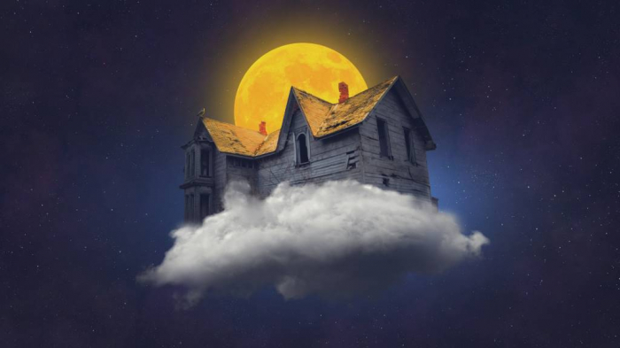 Tapet Premium Canvas - Casuta de lemn pe nori si luna plina [3]